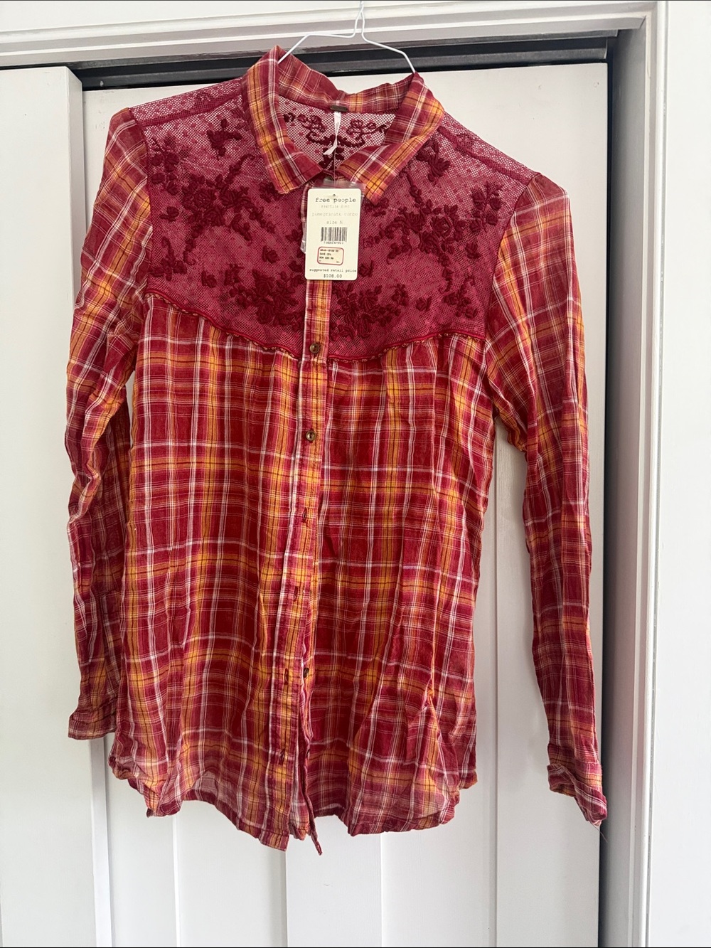 Free People Red Plaid Button-Down Shirt with Burgundy Lace Yoke